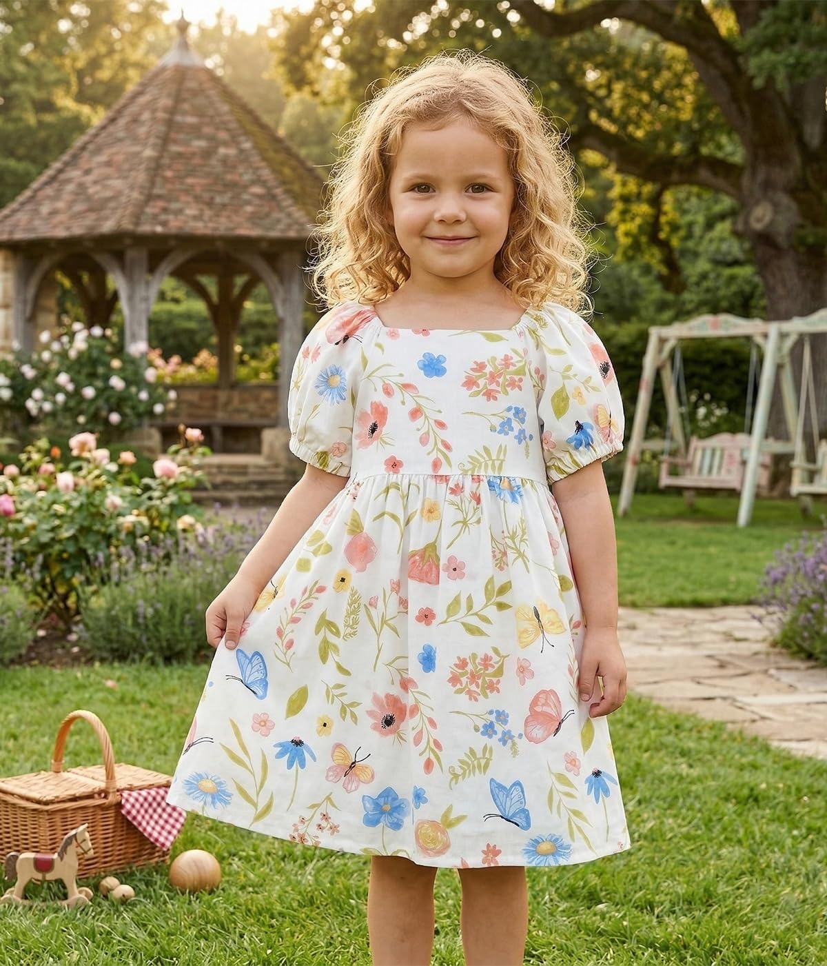 Girls French Puff Sleeve Floral Rayon Sundress Party Beach 3-10Y