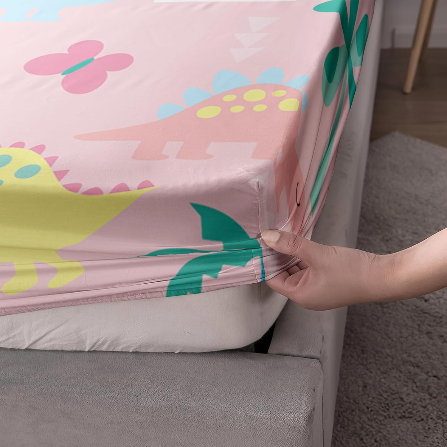Axolotl Cute Dinosaur Sheets Full Size,Girls Dinosaurs Sheet Set,Dinosaur Bedding Dino Fitted Sheets for Kids Girls Teens with 2 Pillowcases,Pink