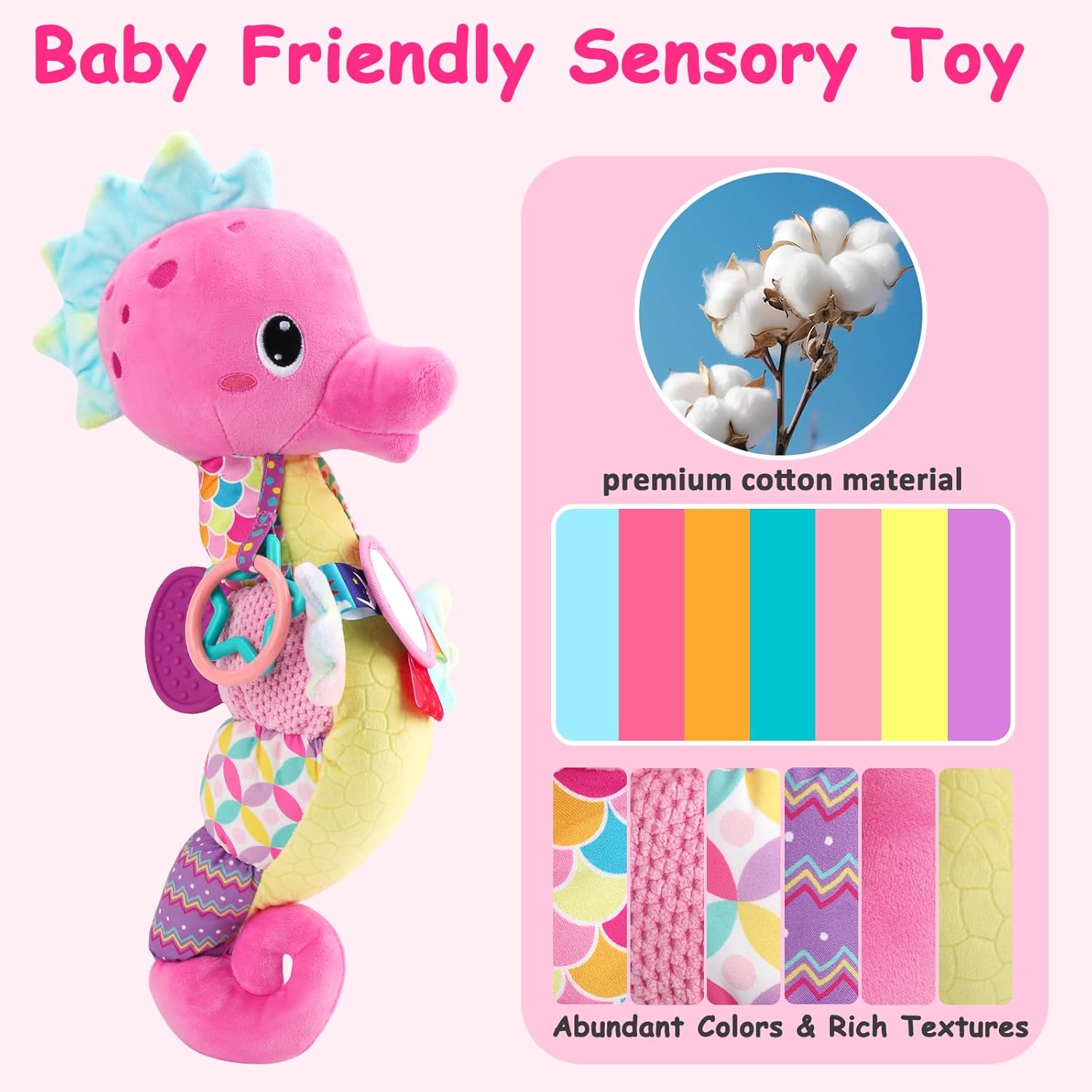 Baby Sensory Toys 0-6 3-6 Months Musical Stuffed Animal Plush Pink Seahorse for Infant 6-12 Month Tummy Time with Baby Mirror Newborn Crinkle Developmental Toy Girls Boys Birthday Gifts 0-3 4 5 Month
