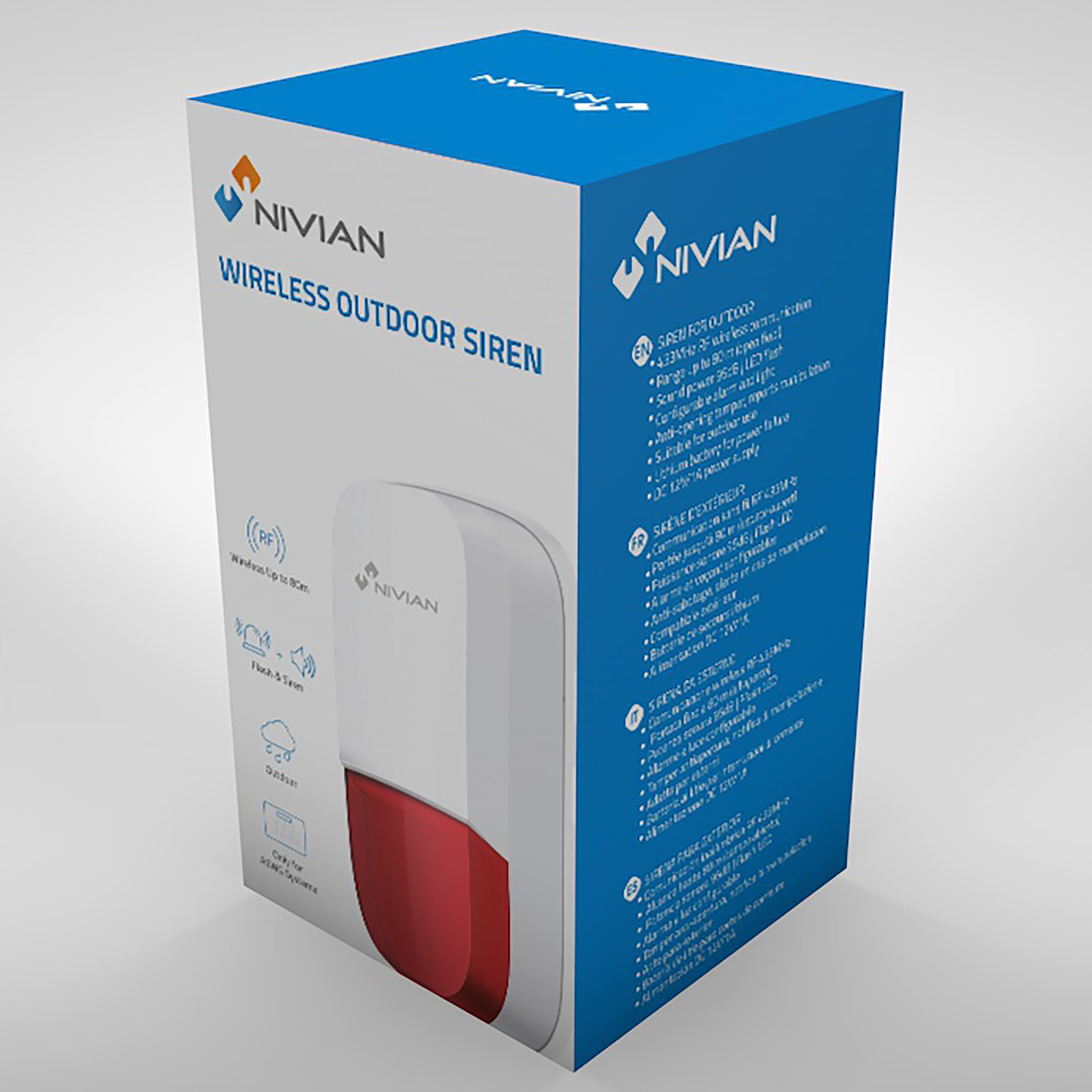 Nivian–Sirena inalámbrica compatible con sistema de alarma Nivian–Apta para interior y exterior resistentes al agua–Alerta lumínica y sonora de 95dB–Incluye batería de respaldo-Fácil instalación