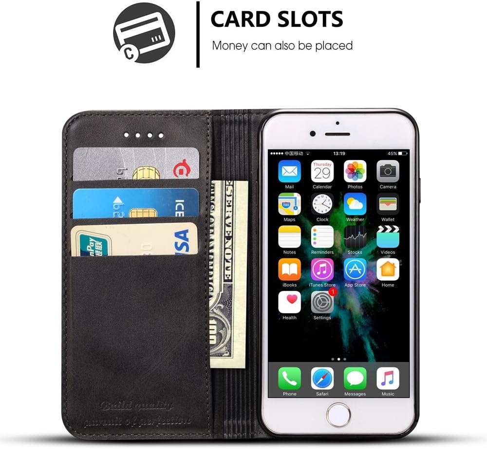 FLY HAWK iPhone 7 Leather Wallet Phone Case iPhone Case with Card Holder Kickstand Protective Flip Cover Black Cover