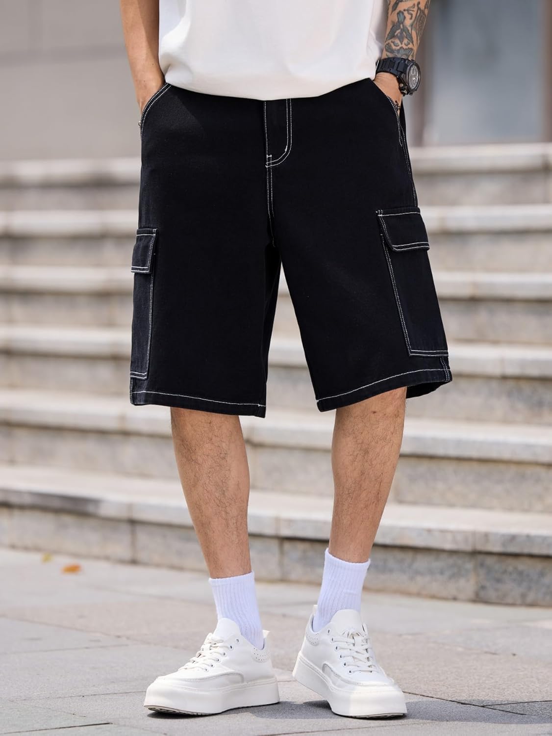 Mens Womens Baggy Jean Shorts Wide Leg Denim Casual Fashion Summer Cargo Shorts - Image 4