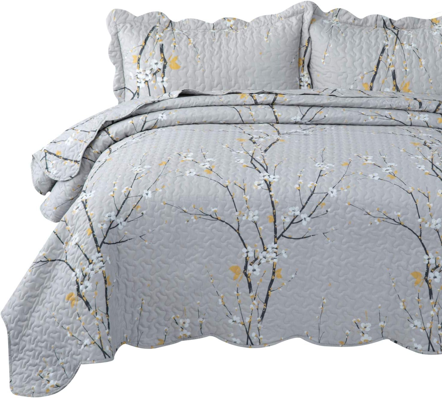 Bedsure Quilt Set Grey Queen Size Plum Blossom (90x96 inches) Bedspread, Lightweight Coverlet Quilt for Spring and Summer, 1 Quilt and 2 Pillow Shams