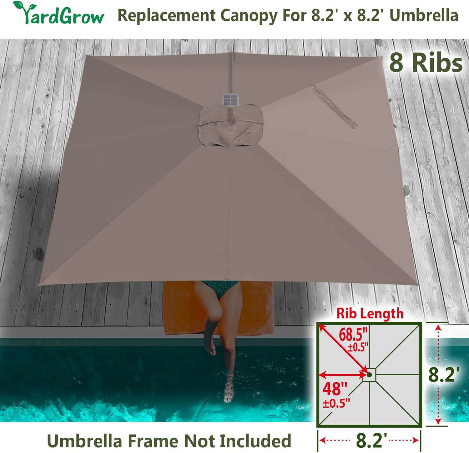 YardGrow 8.2'x8.2' Umbrella Replacement Canopy for 8 Ribs Square Cantilever Umbrella, Canopy Replacement ONLY, Frame NOT Included