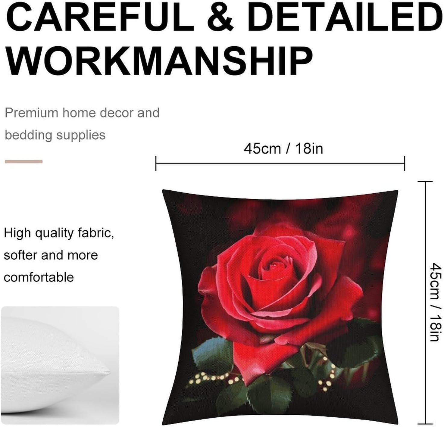 Rose Flower Pillow Protectors Cute Waterproof Pillow Cover Soft Skin-Friendly Cushion Case Decorative Square Cushion Cover for Couch Sofa Bed Living Room Bedroom