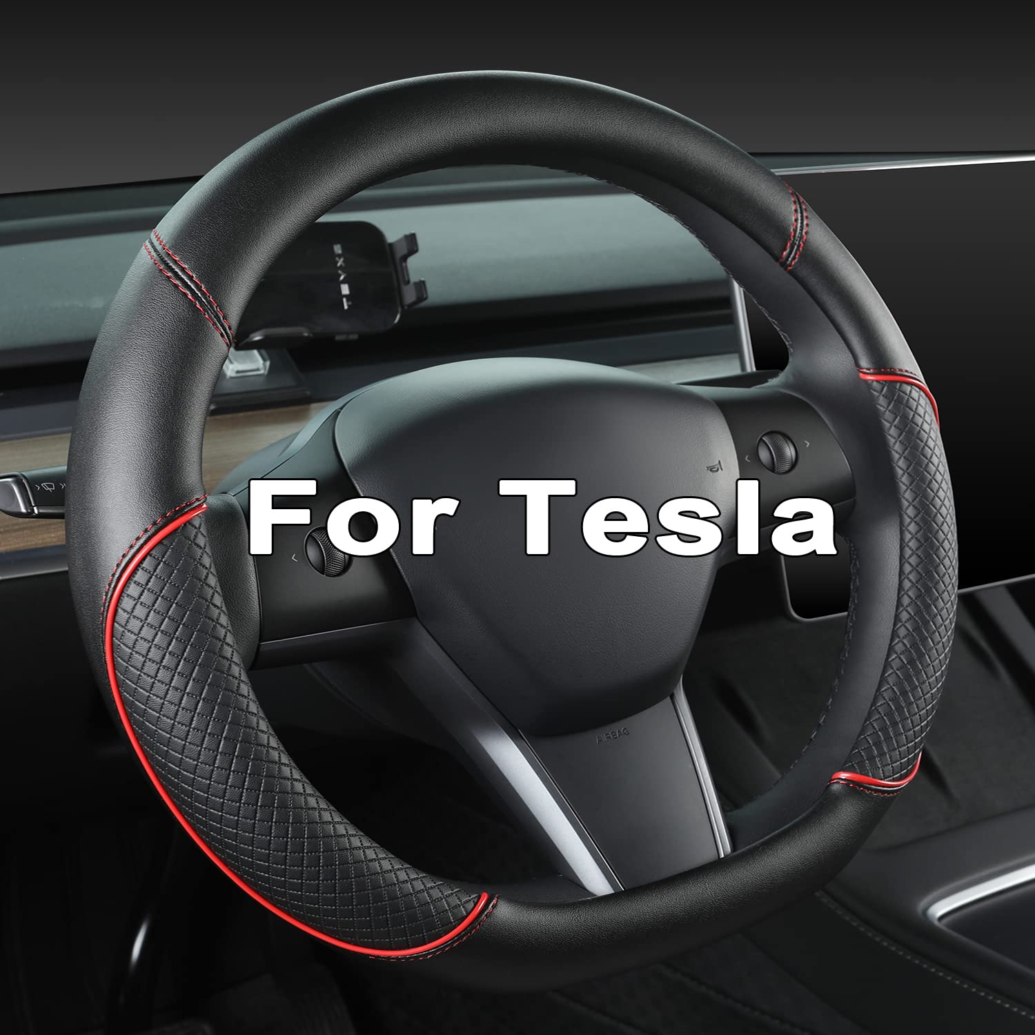 GIANT PANDA Housse de Volant en Cuir PU Compatible avec Tesla Model 3 / Tesla Model Y,Volants Forme D - Noir + Rouge