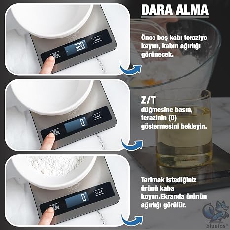 Bluefox Dijital Mutfak Tartısı, 10kg/1g Hassasiyet, Paslanmaz Çelik, 6 Birim Dönüşümü (g/kg/lb/oz/ml/milk ml), 2×AAA Pil Dahil