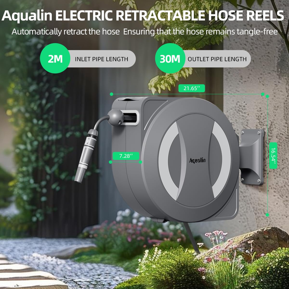 Automatischer Gartenschlauchaufroller Wandmontage Elektrisch | 30m+2m Schlauch, 180° Schwenkbar, Auto-Lock & Ein-Knopf-Aufrollung, 2500mAh Akku, Inkl. Halterung & Sprühdüse