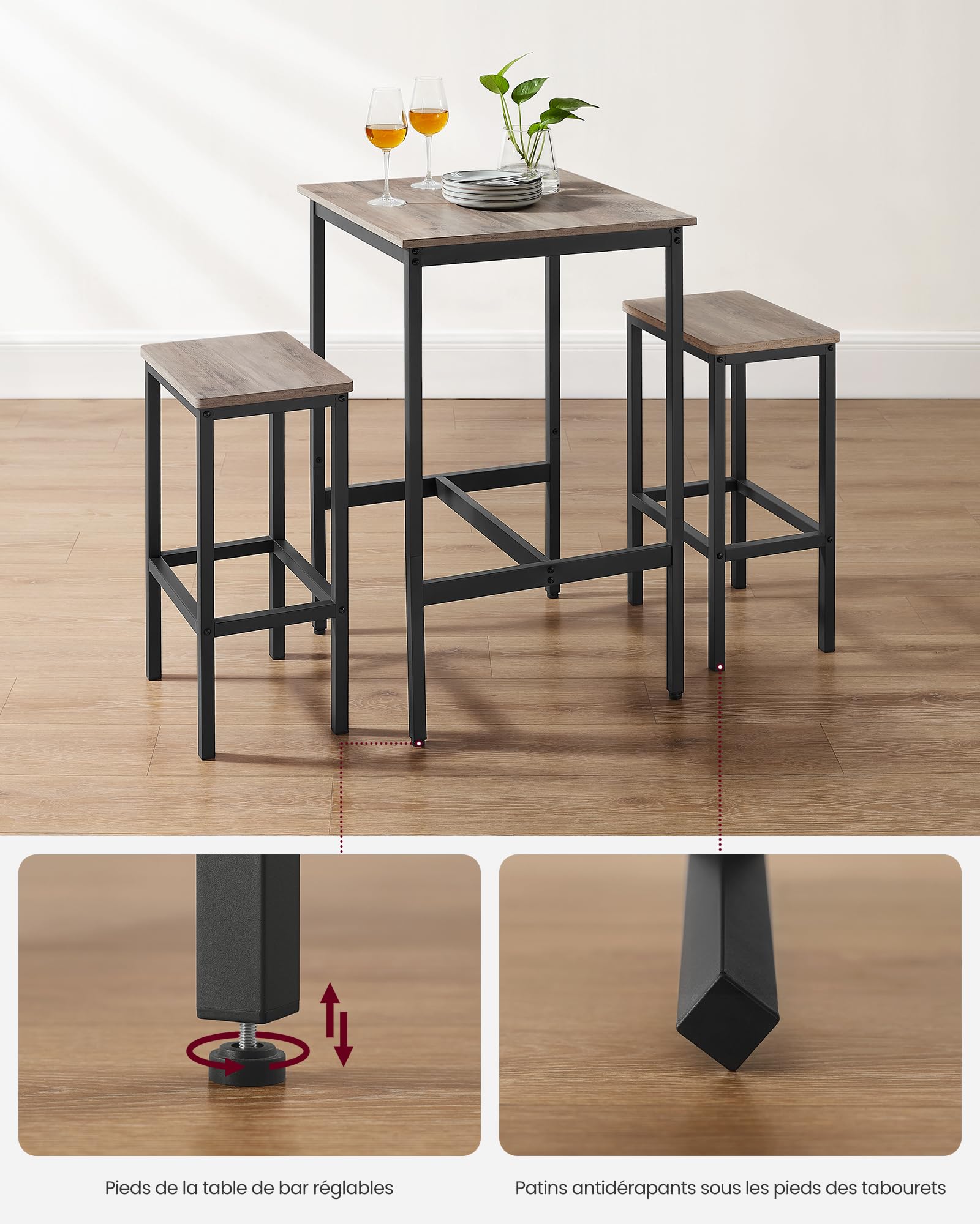 VASAGLE Ensemble Table de Bar avec Tabourets, Table à Manger avec 2 Chaises, Petite Table de Cuisine, Chaises de Bar, pour Salle à Manger, Cuisine, Grège Chiné et Noir d'encre LBT017B02