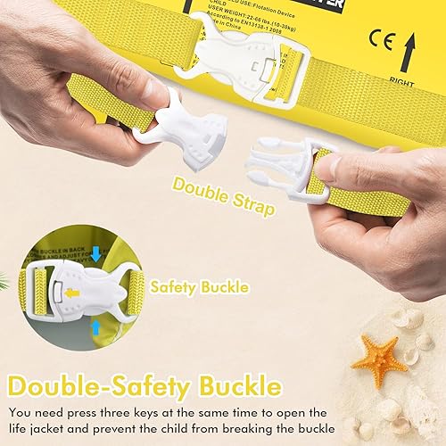 Vista 4 de Chaleco de natación para niños de 30 a 60 libras, chaleco salvavidas con doble hebilla de seguridad, flotadores para niños de 2, 3, 4, 5, 6, 7, 8