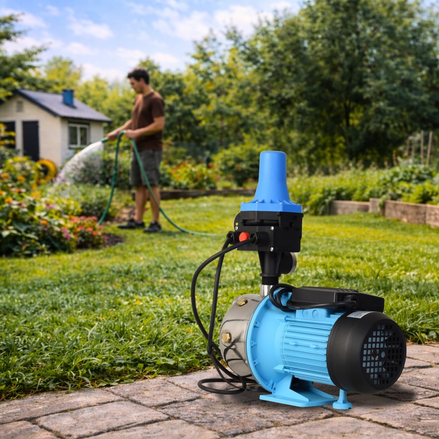 Pompe de Jardin Professionnelle JX 1100 avec Pressostat CSK 31 - Pompe à Eau (1100 W, 3600 l/h, hauteur de Refoulement 50 m) - Pompe arrosage INOX - Commande de Pompe - Protection Fonctionnement à Sec