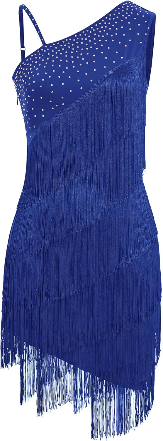 Women One Shoulder Fringe Latin Dance Dress Rhinestone Jazz Salsa Tassel Rave Costume Flapper Ballroom Dance Outfits