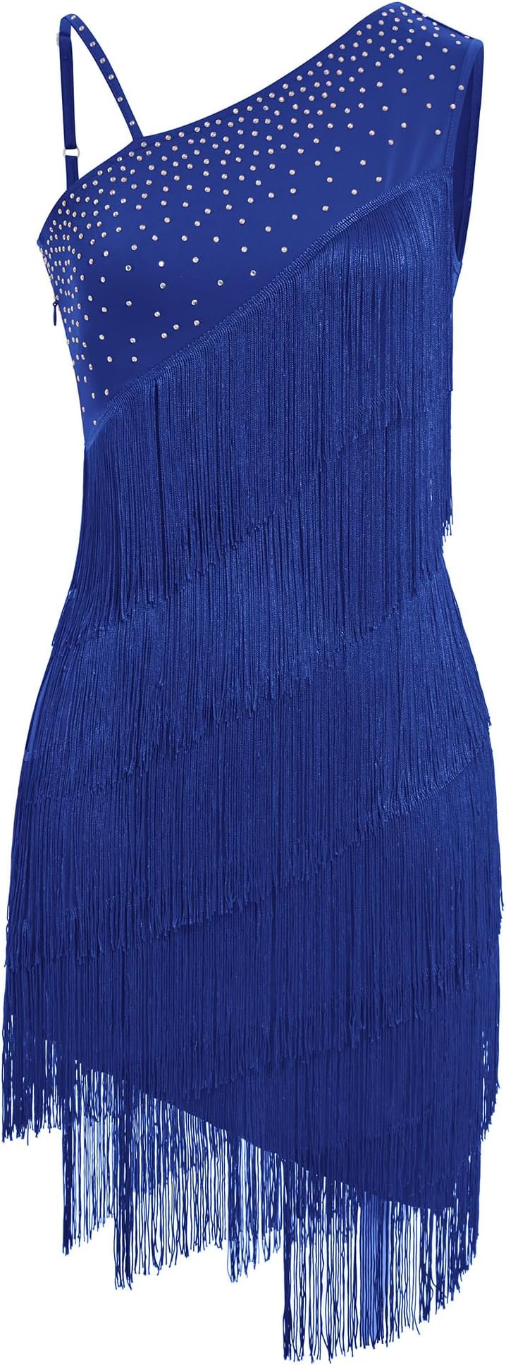 Womens Asymmetric One Shoulder Rhinestones Fringe Latin Dance Dress 1920s Sequins Tassel Flapper Dresses Salsa Cha-Cha Ballroom Dance Costume