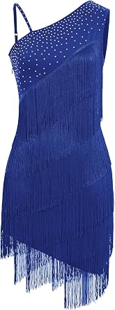 Women One Shoulder Fringe Latin Dance Dress Rhinestone Jazz Salsa Tassel Rave Costume Flapper Ballroom Dance Outfits