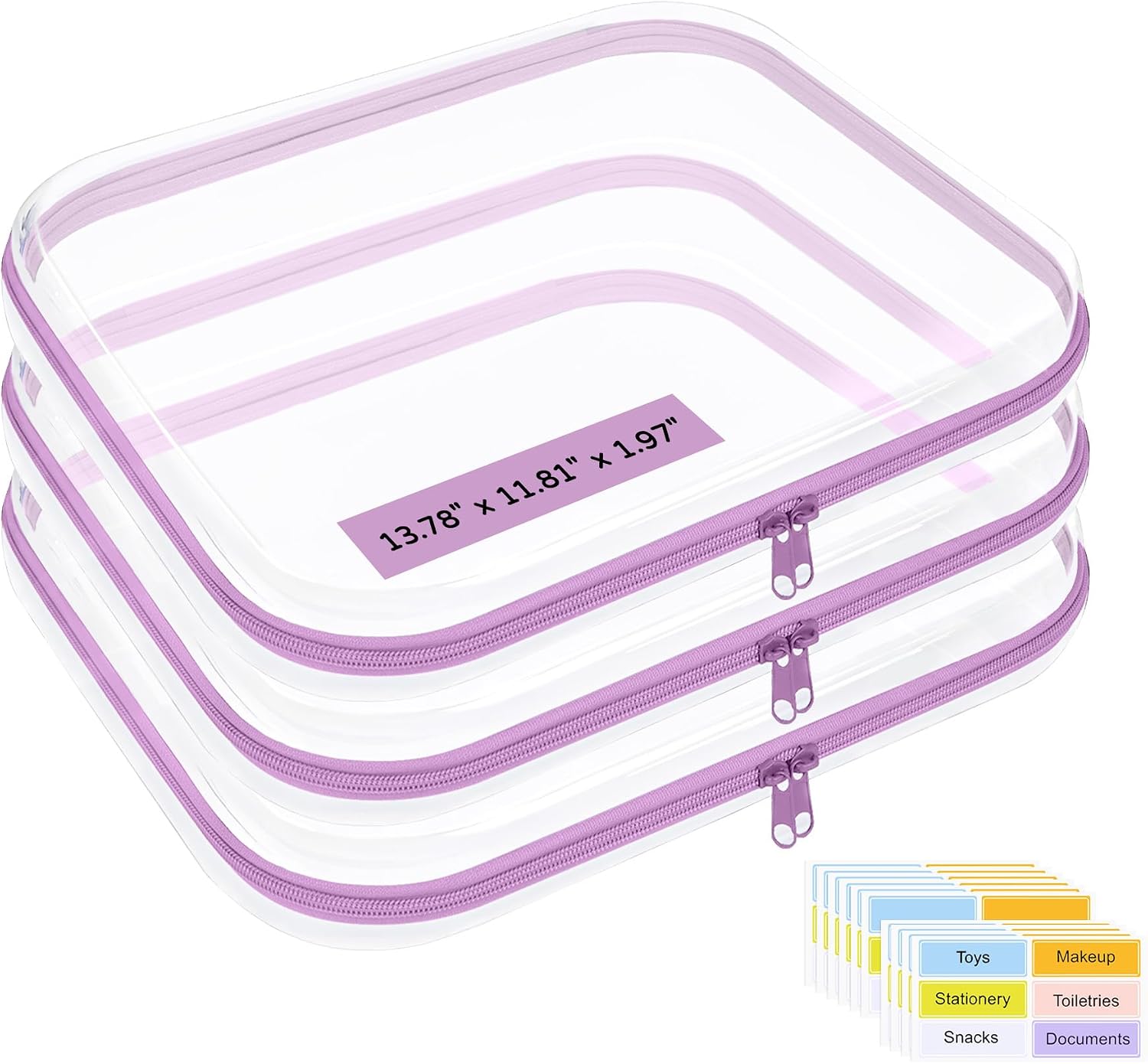 3 Pack Extra Large Clear Hard Shell Zipper Case with Labels, Purple