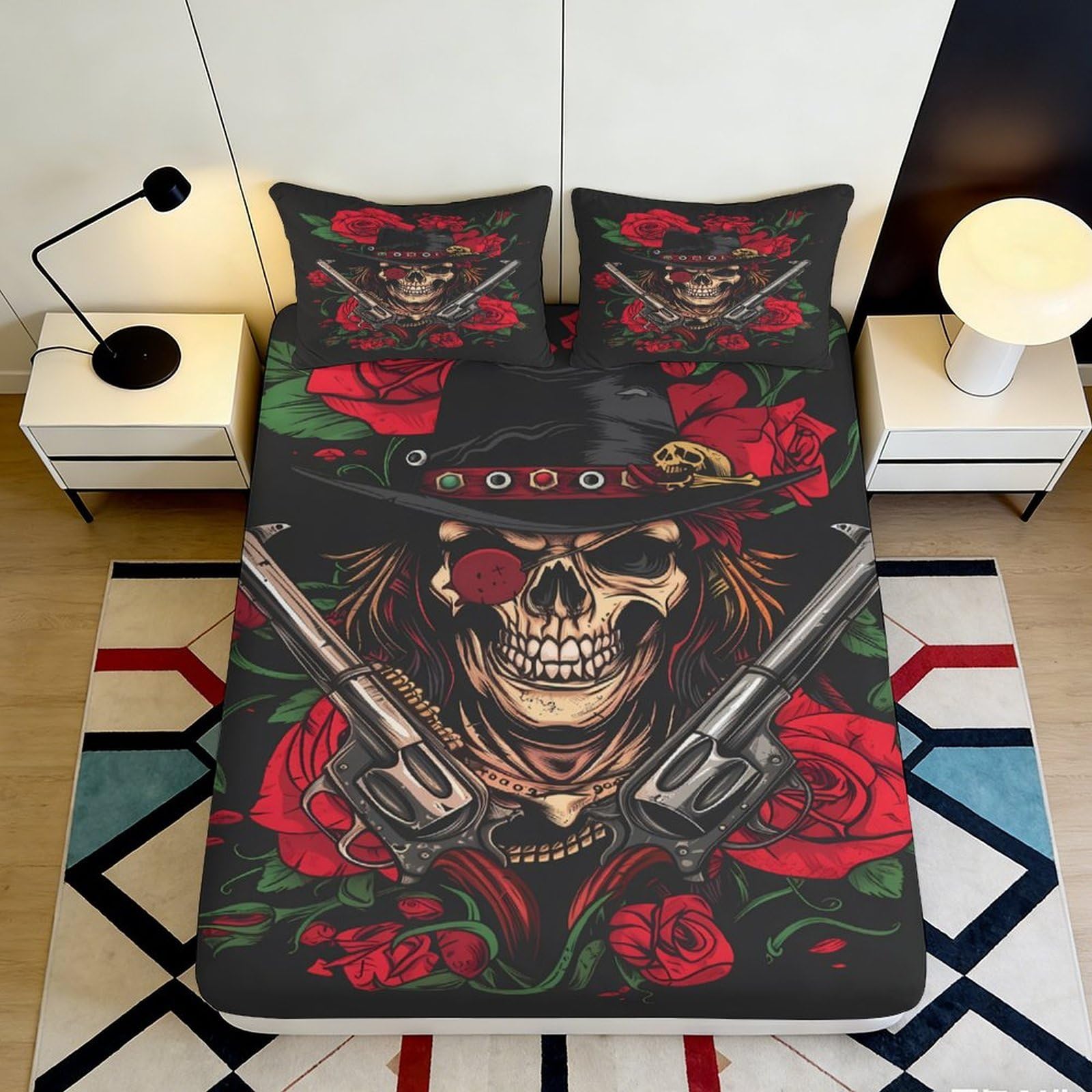 3D Printed Skull Rose Fitted Sheet Microfiber Soft Breathable Cowboy Gun Mattress Cover for Bedroom Dorm Decor 120x200x25cm