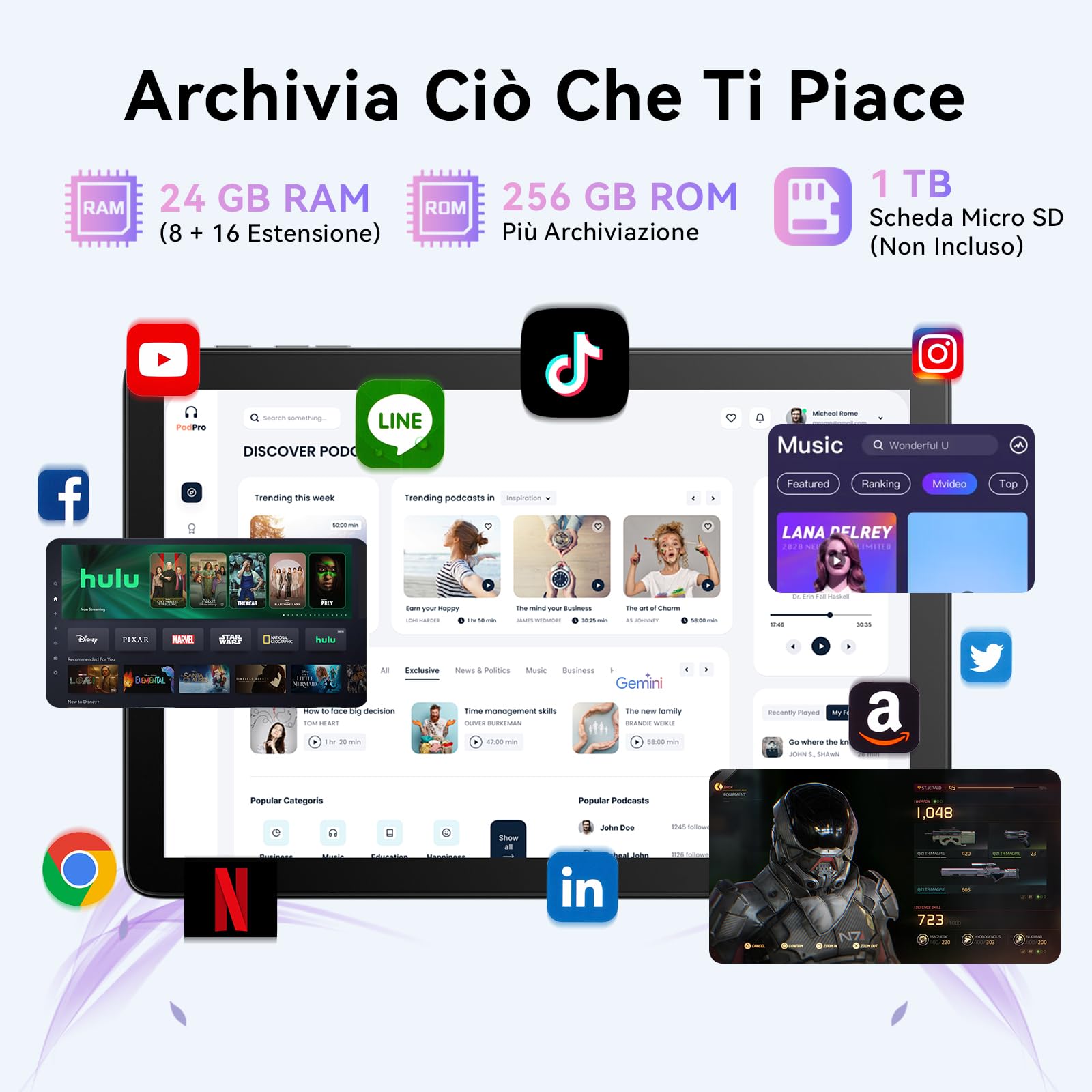 Android 16 Tablet 10 Pollici con Gemini AI, Tablet con Tastiera, Mouse & Stilo, Octa-Core, 24 GB RAM + 256 GB ROM + 1 TB TF, 1920x1200 Display HD, Fotocamera 8MP+13MP, 6000 mAh (Grigio + Cover Nero)