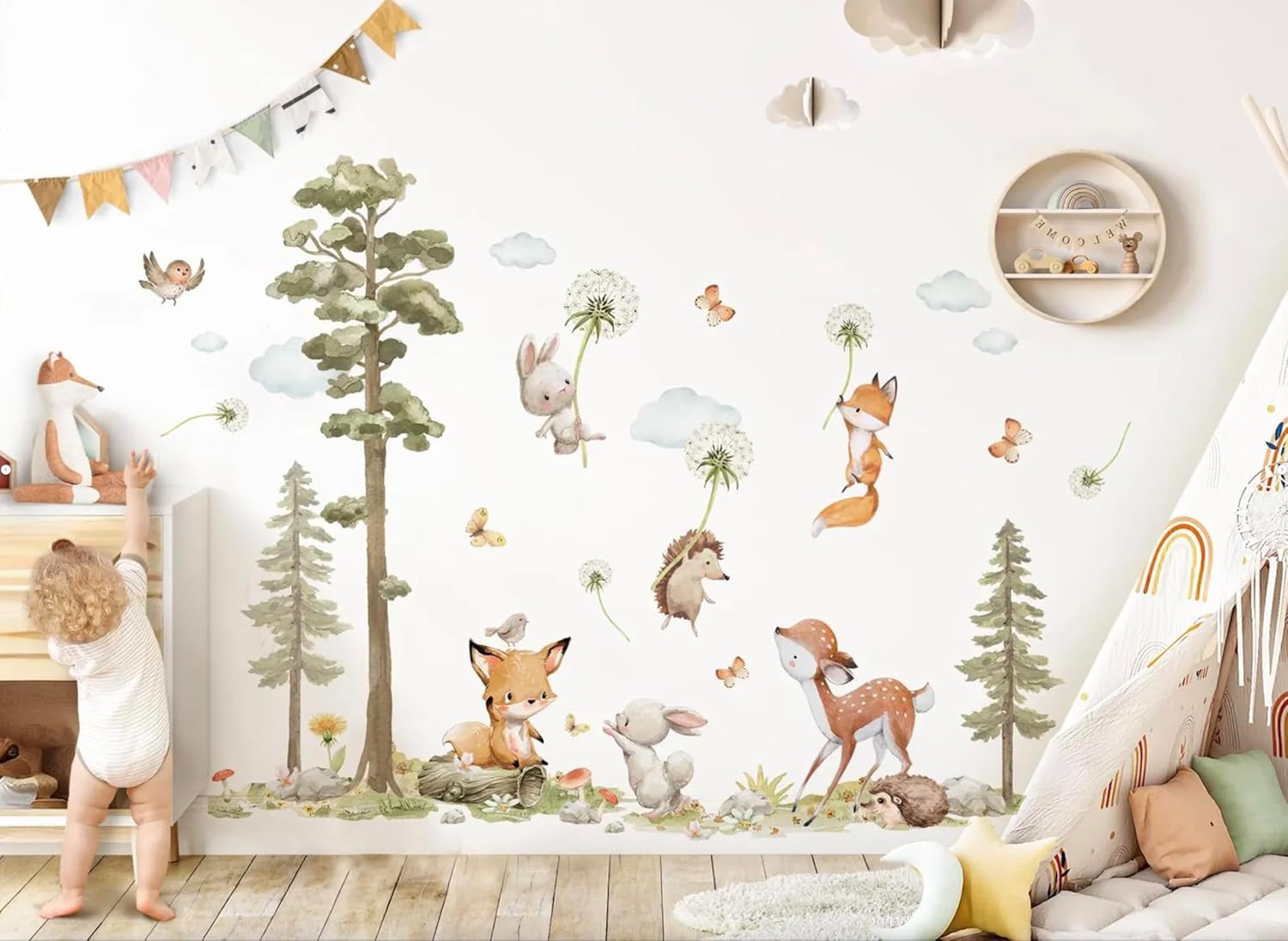 Forest Animals Wall Stickers for Children's Room – Woodland Animals Wall Decal for Baby Room – Self-Adhesive Nursery Wall Decor – Cute Deer, Fox, Owl, and Tree Wall Art for Kids Room (XXL)