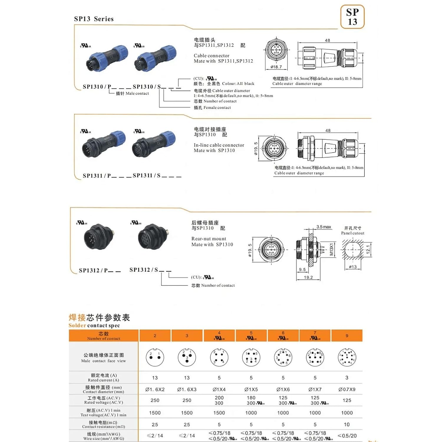SP13 4 Pin Waterproof Connector IP68 Chassis Panel Mount Inline Plastic Dustproof Plug Socket Male Female for Automotive AC DC Solar Power