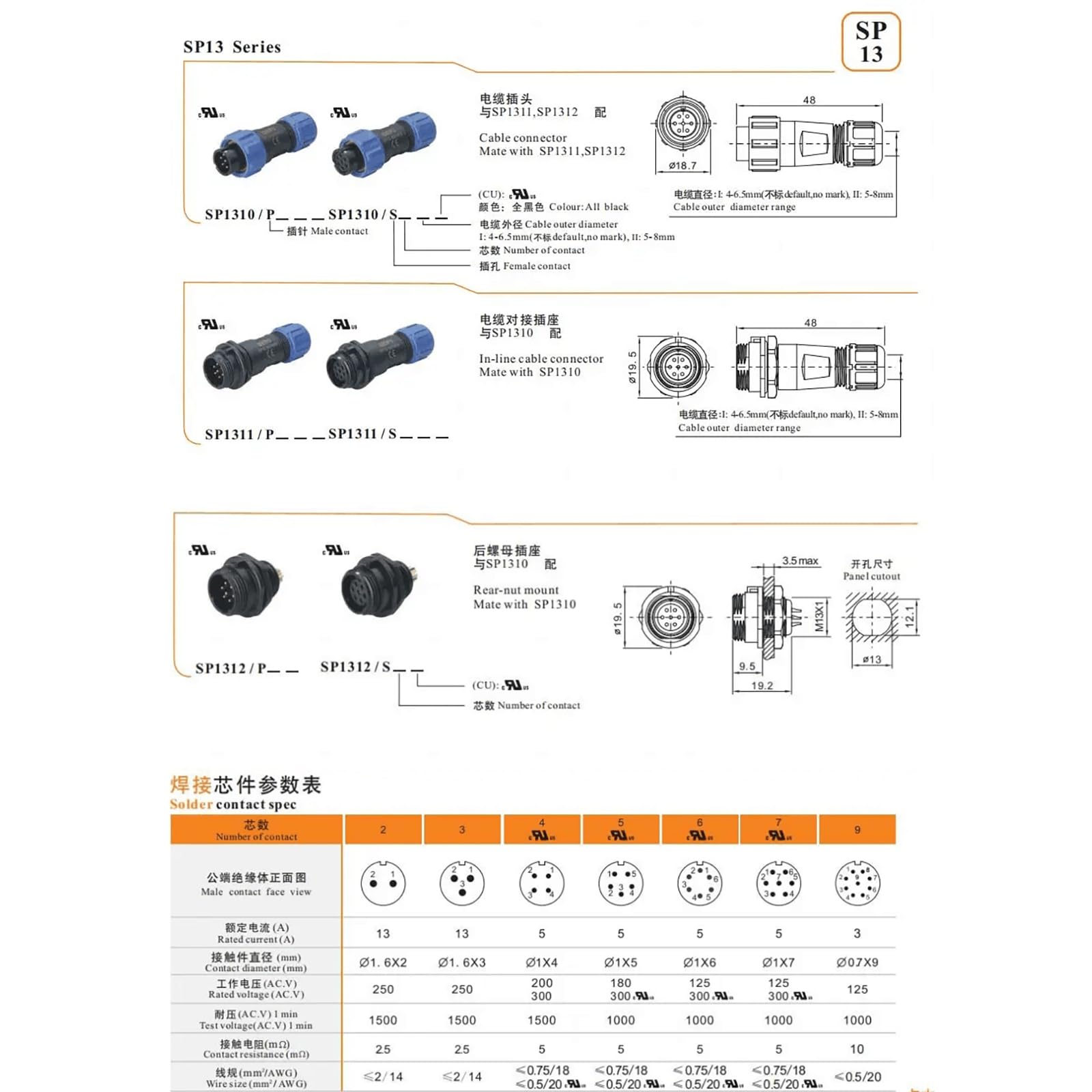 ZBLZGP Weipu Round Connector for Aviation Cable SP13 Series Waterproof IP68 Housing Installation Plug (3 Pin Set - Image 4