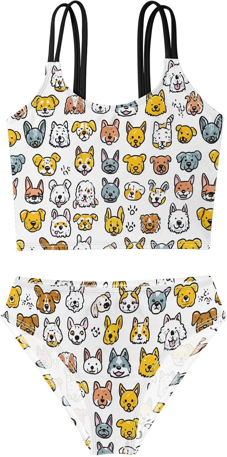Girls Two Piece Swimsuits Dog Faces Colorful Bikini Set Swimwear Kids Bathing Suit for Girls 5-12 Years