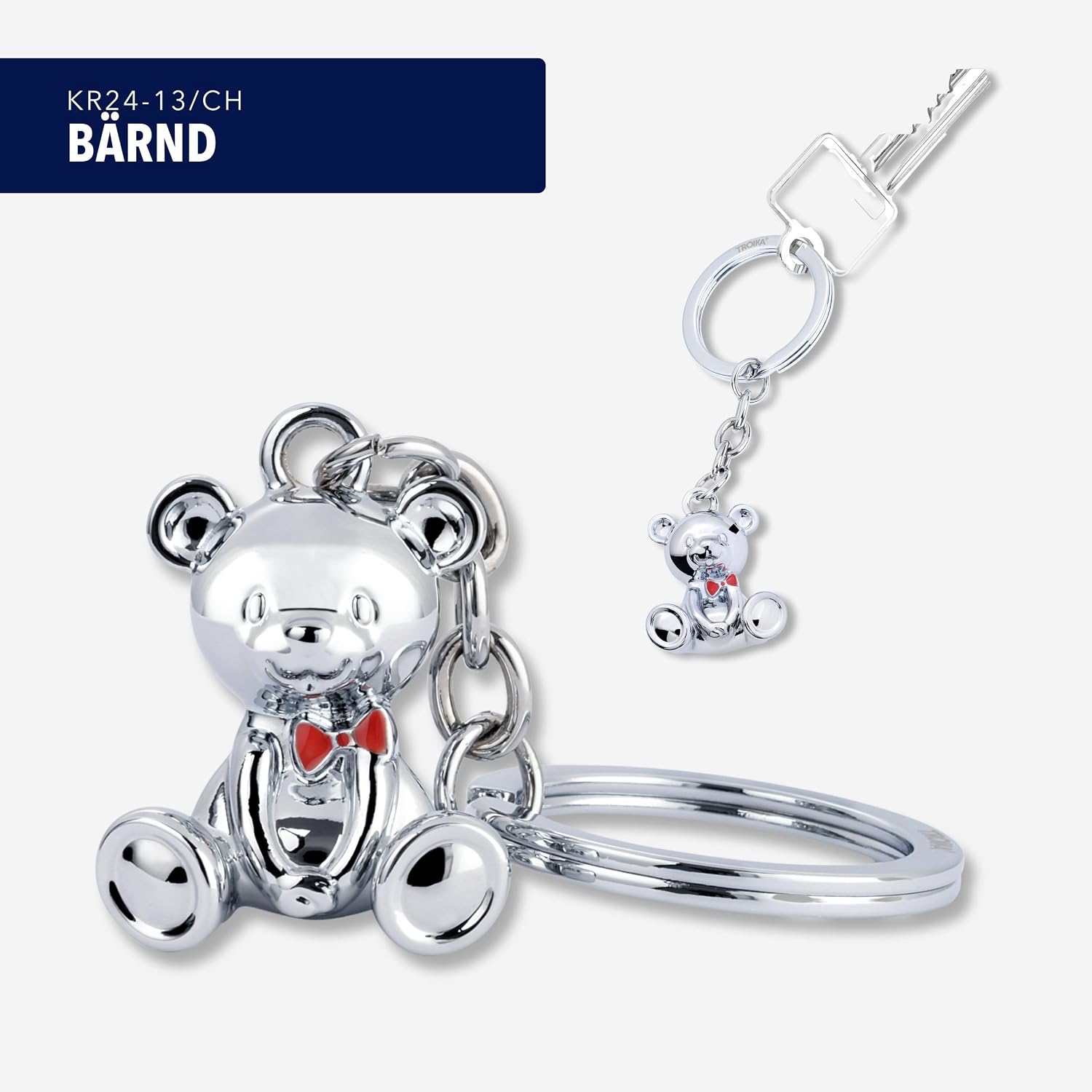TROIKA Cute Keyring Teddy Bear with Red Bow in Cast Metal with Key Ring, Chrome-Plated, Silver Original, silver colours, 9,2 x 3,5 x 2,8 cm