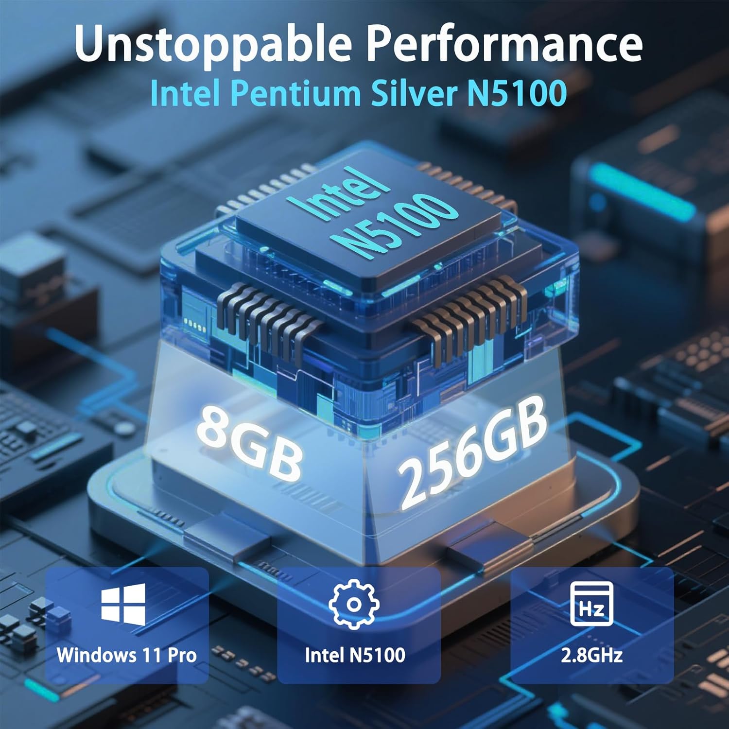 Diagram showing Intel N5100 processor, 8GB RAM, and 256GB storage for unstoppable performance