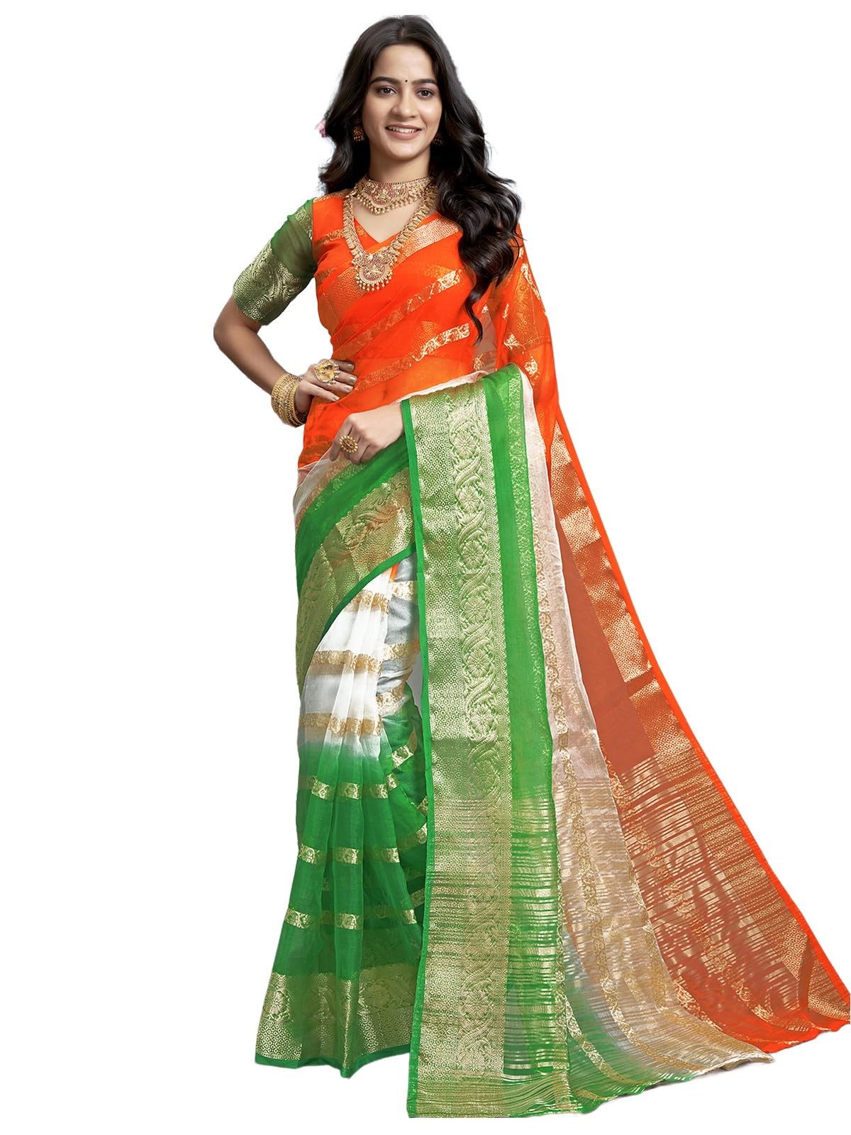 Satrani Women'S Organza Jacquard Border Saree With Unstitched Blouse Piece