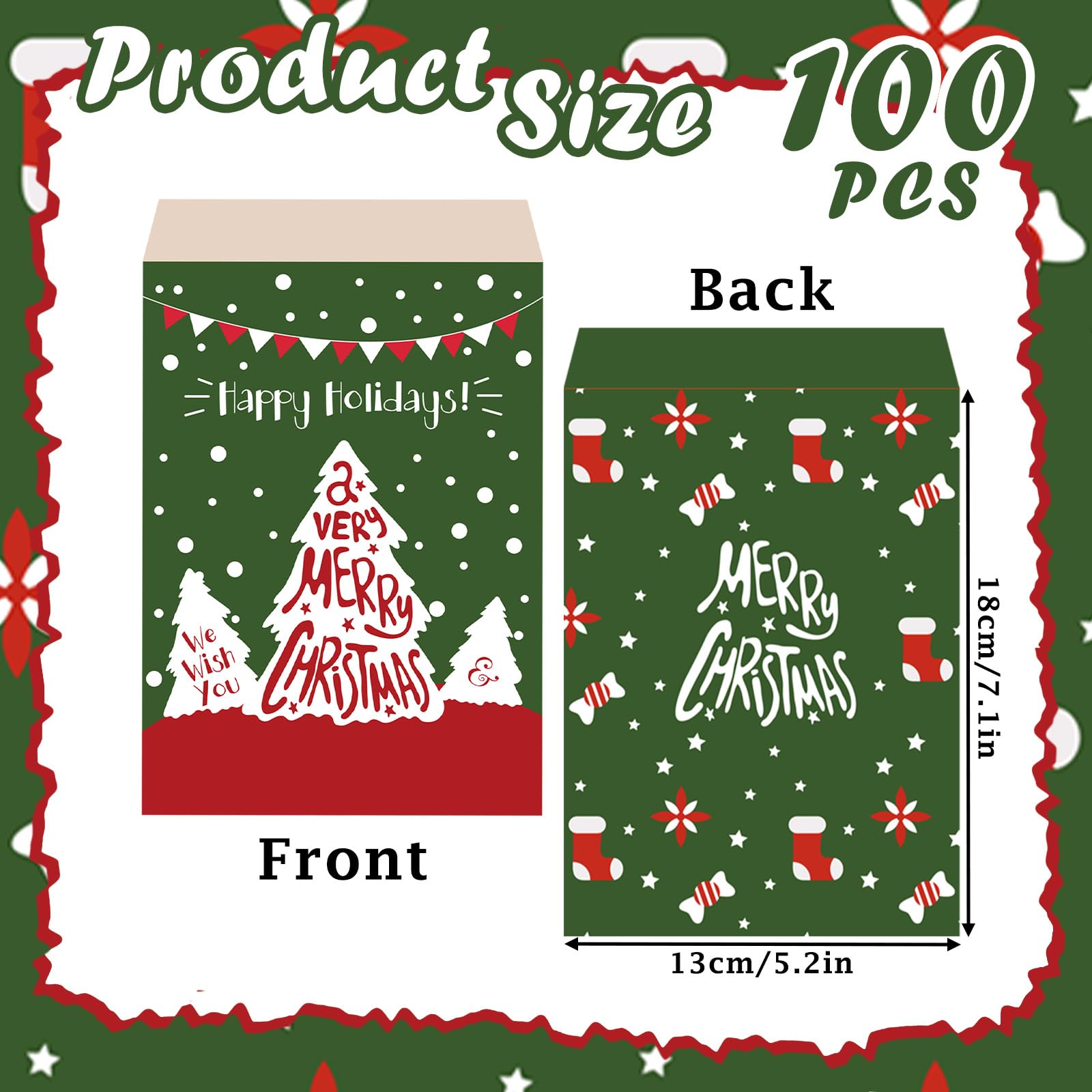 100pk Christmas Tree Candy Sweet Bags,Small Paper Candy Bag,5''x7'' Xmas Green Sweetie - Image 2