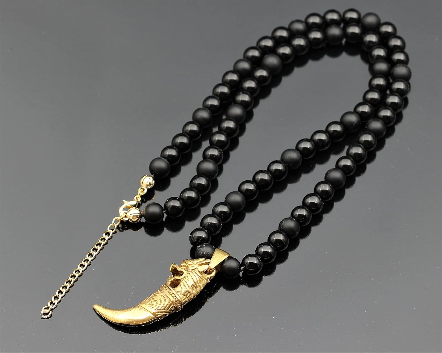 ElisaJewelryArt - Men's Tiger Tooth Necklace Natural Onyx Beaded Necklace Gift For Him Christmas Gift For Father Protective Gift Balance Bohemian Necklace