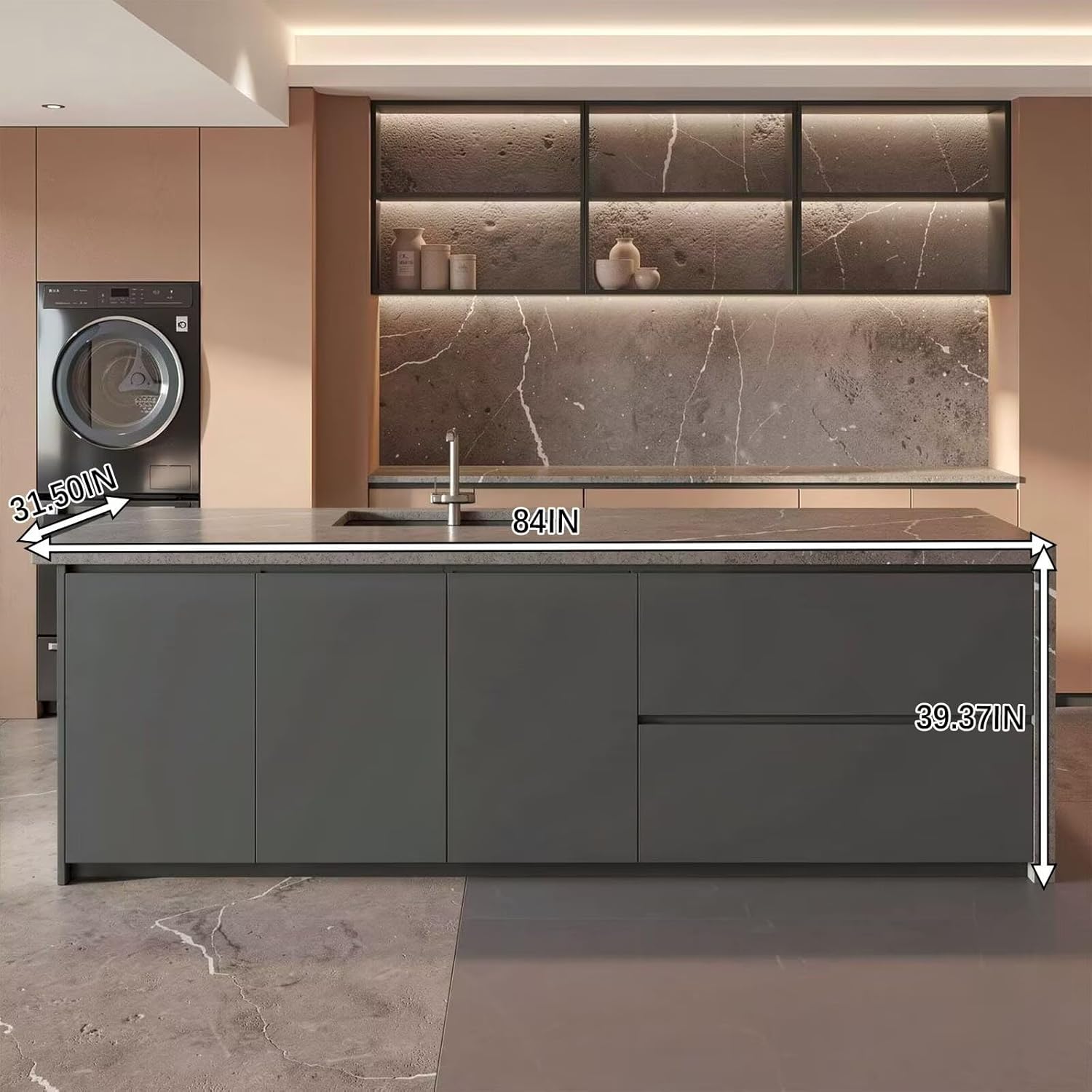 Kitchen Island with Storage - Kitchen Island Table with Slate Top, Grey Cabinet, Sink, Drawers, Cabinets for 3-4 Persons (84IN No Chairs)