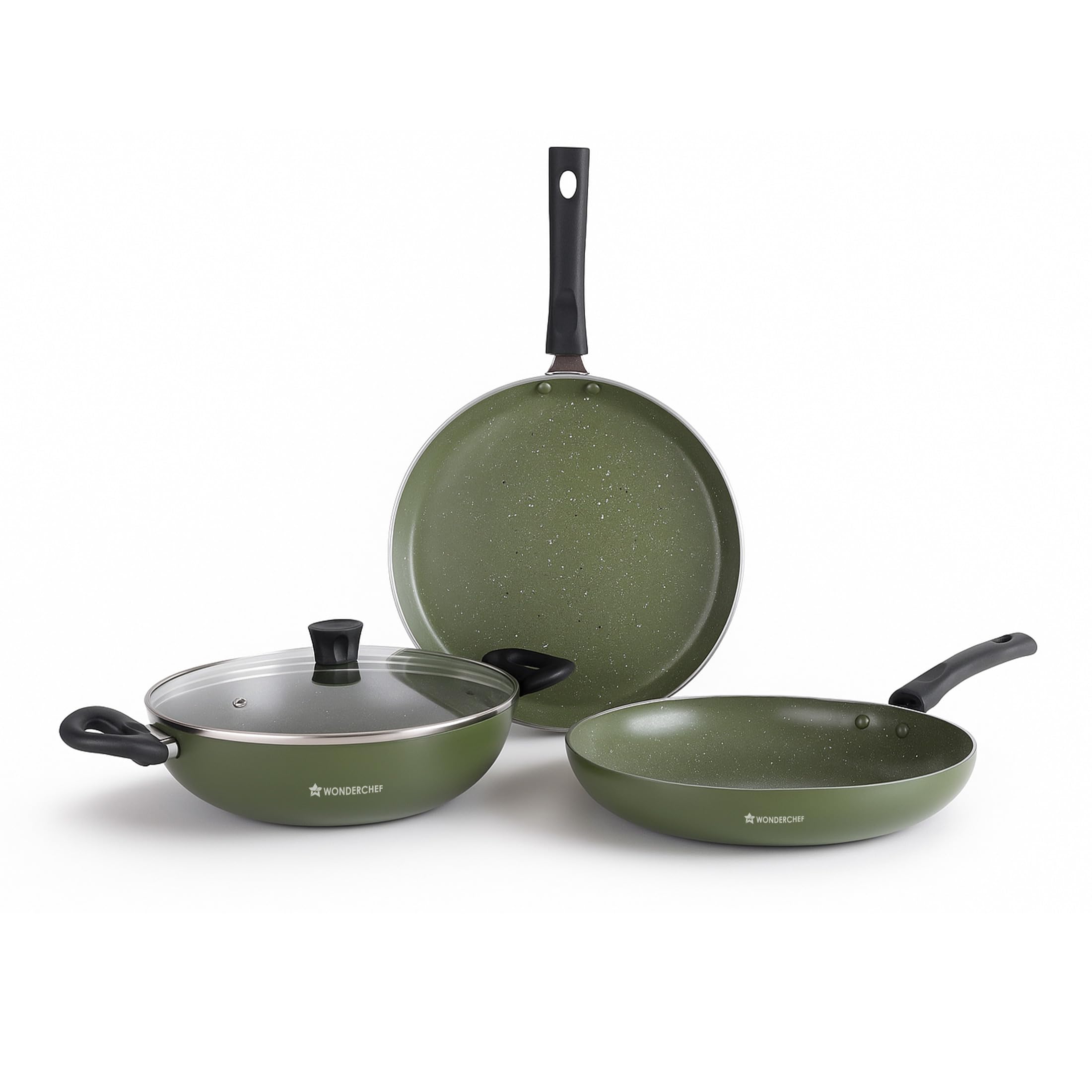 Wonderchef Valencia Non-Stick Cookware 4 Pc. Set | Kadhai with Lid 24 cm, Fry Pan 24 cm, Dosa Tawa 28 cm | Pure Grade Aluminium | PFOA Free | 2-Yr Warranty | Olive Green