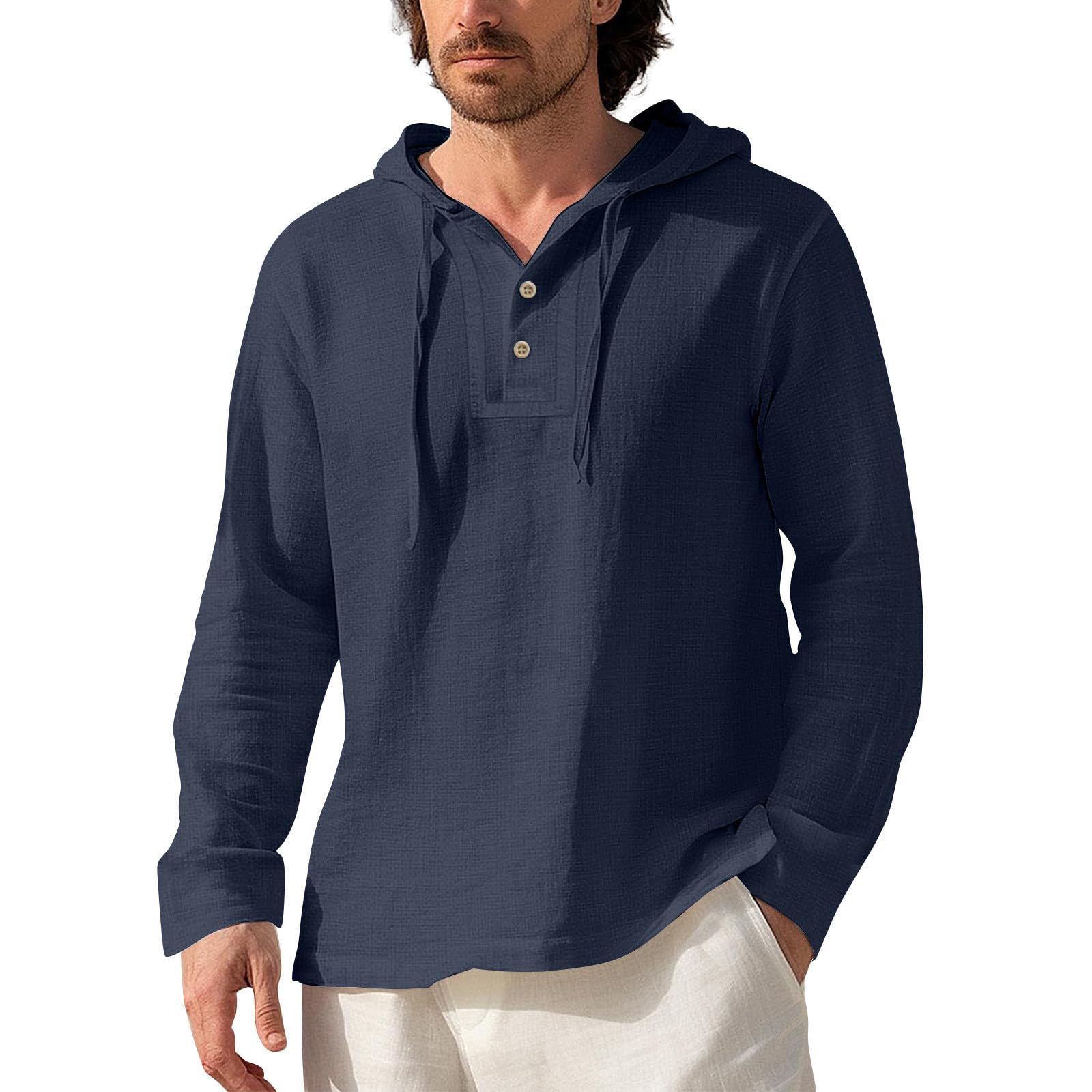 Mens Cotton Linen Hoodies Sun Protection Lightweight Beach Shirt Long Sleeve V Neck Button Down Hooded Shirt