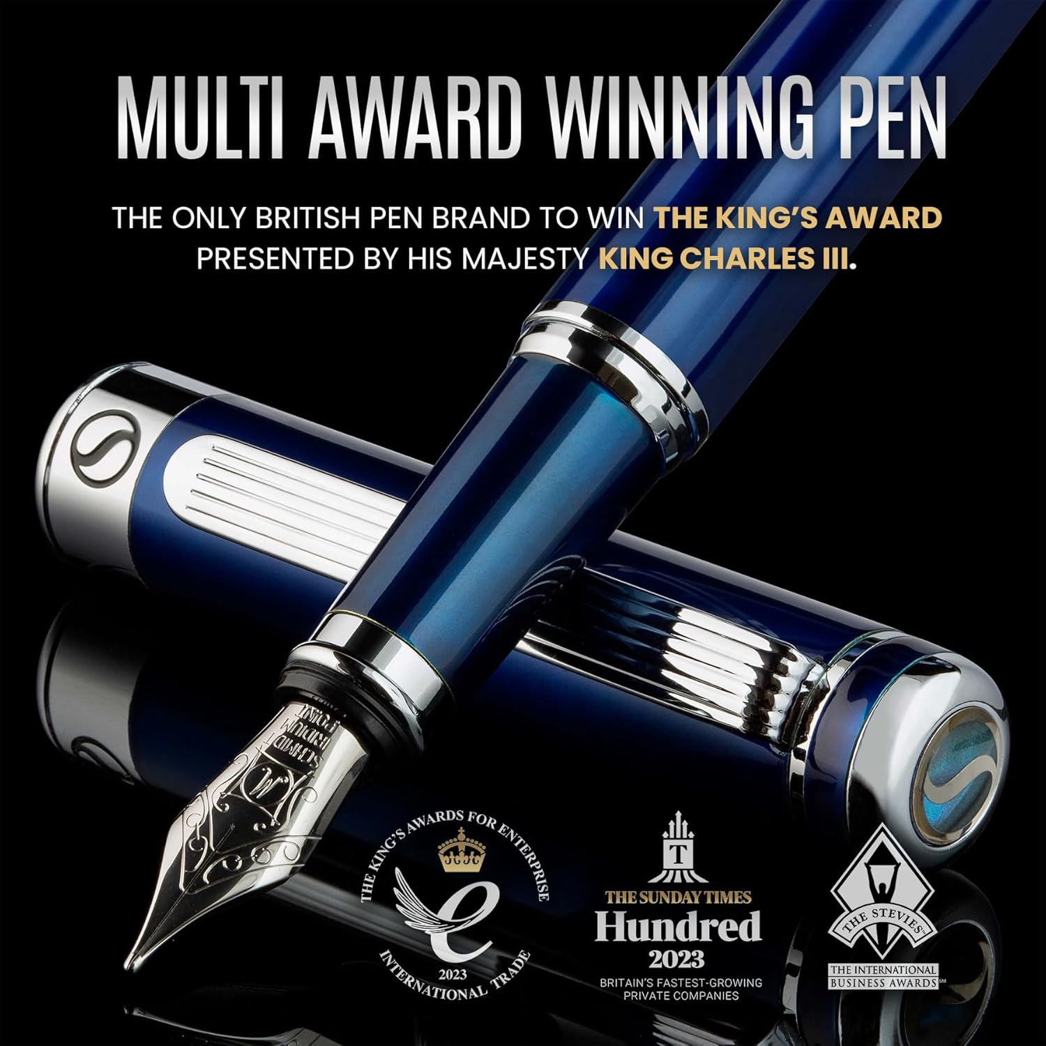 Scriveiner Personalized Midnight Blue Fountain Pen - Stunning Blue Lacquer Luxury Pen, Chrome Finish, German Schmidt Nib (Medium), Best Engraved Pen Gift Set for Men & Women, Name Engraving