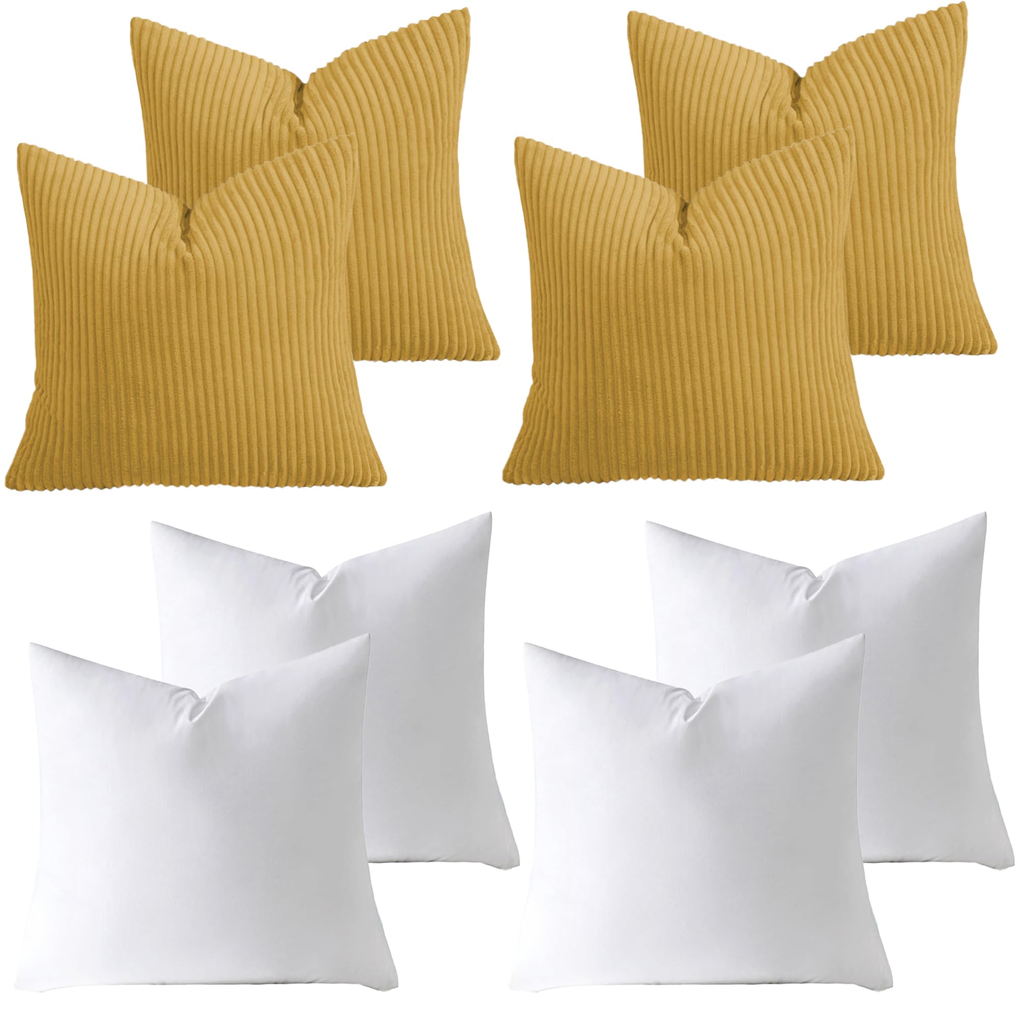AMEHA Stripe Ochre Cushions with Covers included 45 x 45 cm Pack of 4 (4 Covers, 4 Inserts) Decorative Square Throw Pillowcases for Couch Bedroom Sofa with Invisible Zipper 18x18 inches