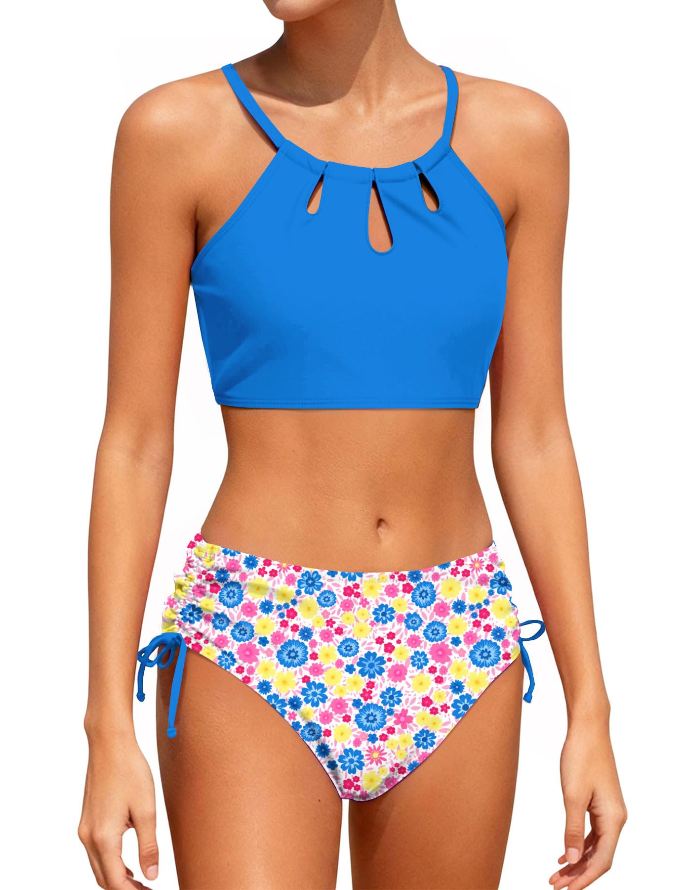 Photo 1 of SunFocus Swimsuit for Girls 2 Piece Bathing Suit with Chest Pad Youth Tankini Blue Flowers Swimwear Size 9-16 Years