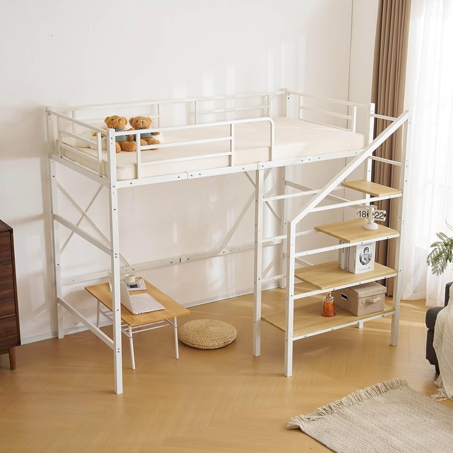 Amazon|ロフトベッド 階段付き シングル パイプベッド 収納棚付き Amazon|ロフトベッド 階段付き シングル パイプベッド 収納棚付き