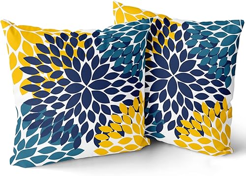 Miniatura 3 de Juego de 2 fundas de almohada de color azul marino y amarillo de 18 x 18 pulgadas flores de dalias modernas rústicas decorativas de algodón con