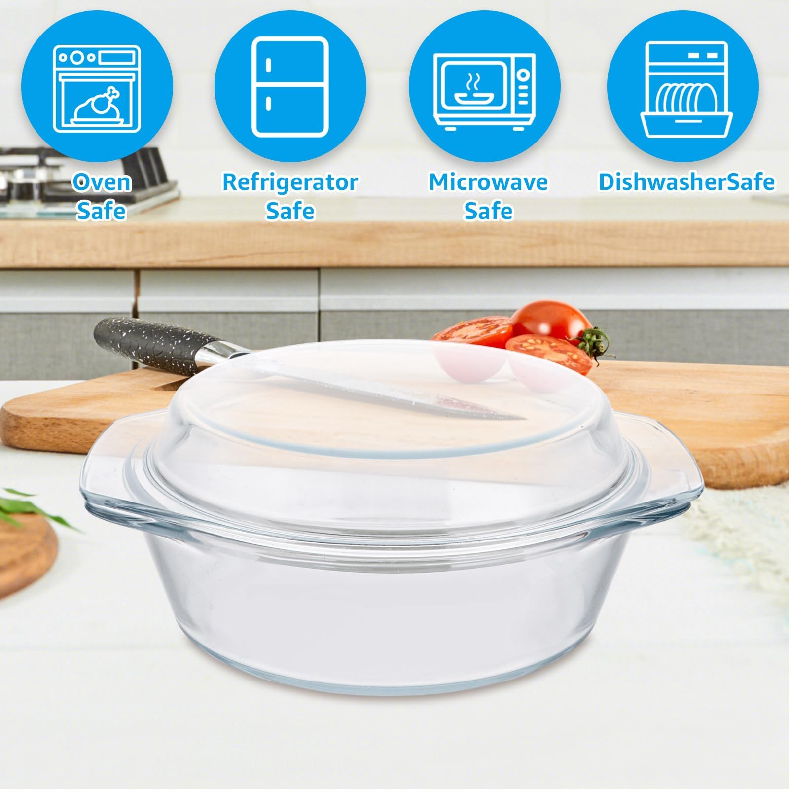 YAYODS Lot de 3 Plats à Four en Verre avec Couvercle - 650/1000/1400ml - Cocotte Ronde en Verre Résistant à la Chaleur pour Micro-ondes, Four et Réfrigérateur - Plat de Cuisson Transparent avec Poigné