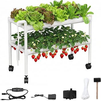 Hydroponics Growing System Kit with Wheels, 54 Plant Sites Gardening Aquaponics Tower, 2-Tier Food-Grade PVC-U Pipes Water Pump Timer for Leafy Vegetables, Indoor, Outdoor 33"x35"x14" in 54 Holes