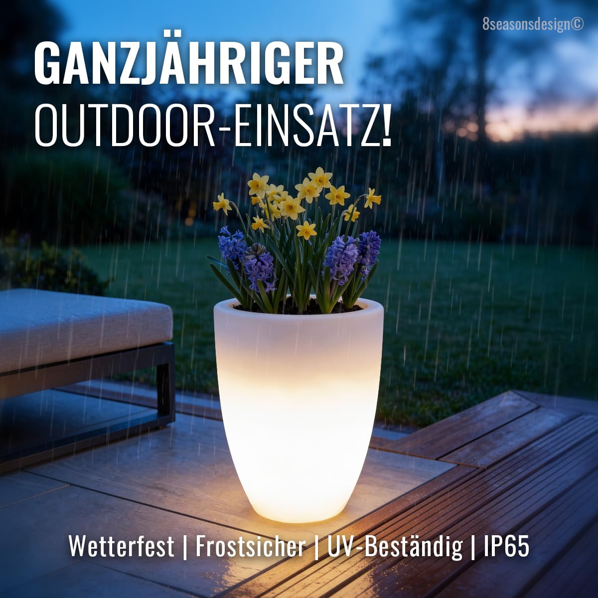 8 seasons Design LED Pflanzkübel mit Farbwechsel, 39 x 51 cm, Shining Curvy Pot M (weiß) E27, RGB, dimmbar, Fernbedienung – wetterfest – beleuchteter Blumentopf für außen (Garten, Terrasse) und innen