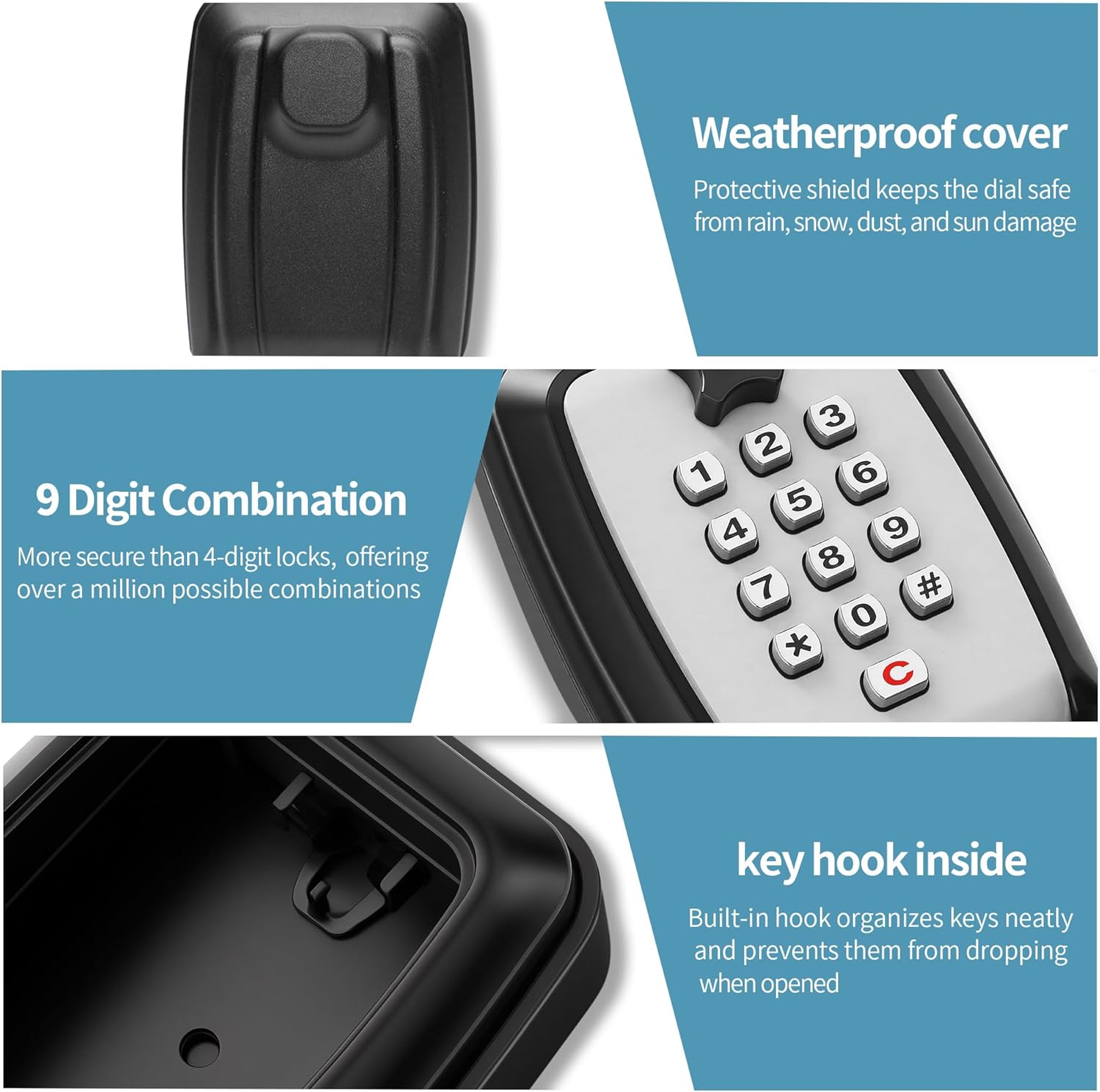 Key Lock Box With Code, Large Capacity 9 Digit Combination Lock Box Wall Mount, Outdoor Weatherproof Security Safe for Homes, Garages, Offices, Realtors