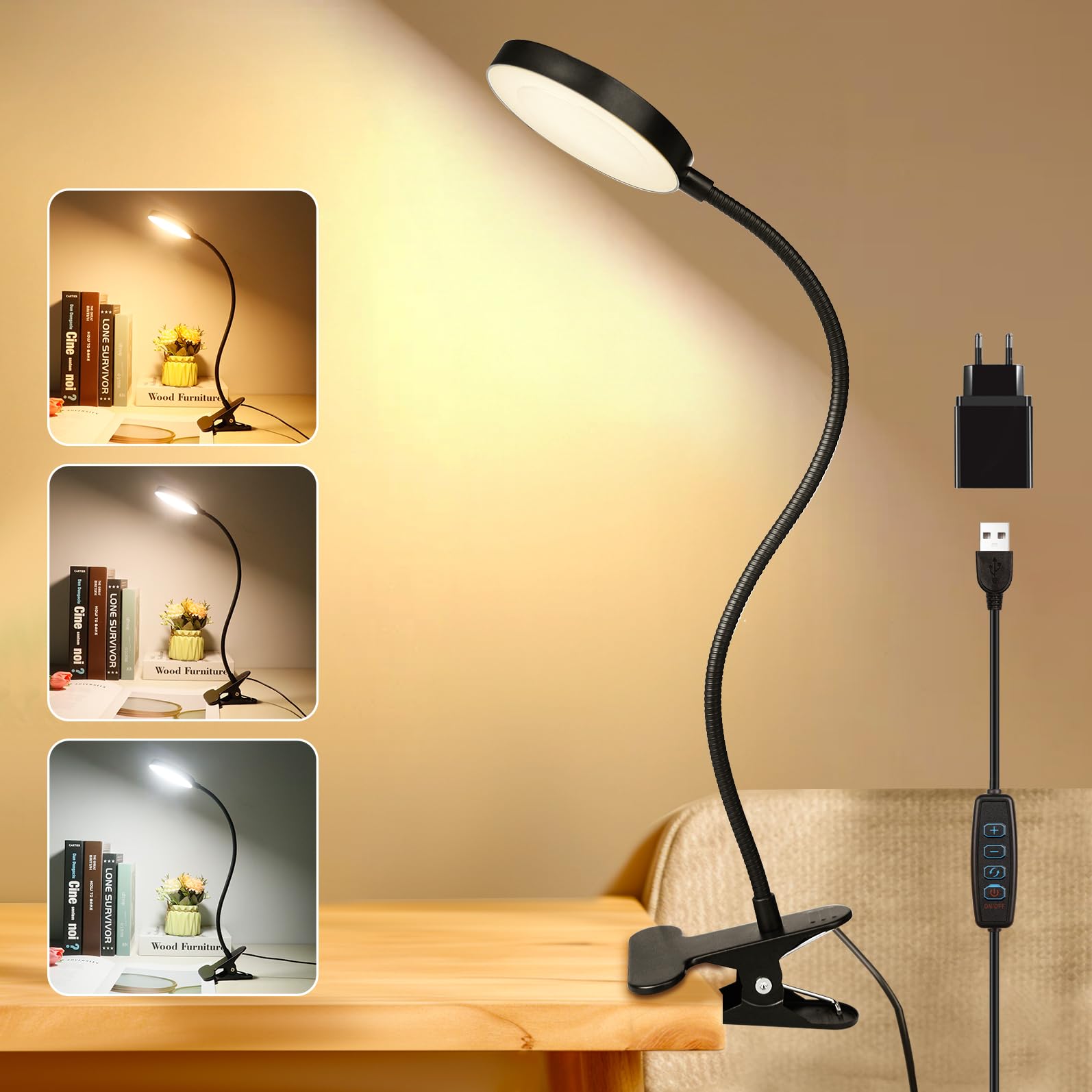 Luz Escritorio con Pinza, Adaptador Incluso, 3 Colores y 10 Brillo, Luz de Lectura en la Cama Regulable, Luz Pinza para PC Flexible, Negro