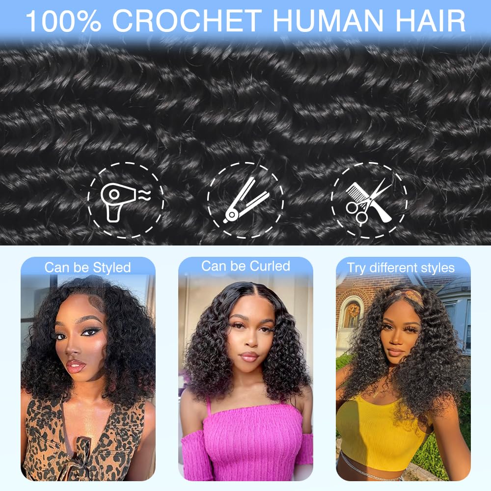 Renyarch Miracle Knots Hair Crochet Human Hair Bundles for Black Women 18 Pollici Deep Wave Miracle Knots Hair Crochet Hair 125g 100c Black Water Wave Wet and Wavy Invisible Knotless Curly Extensions