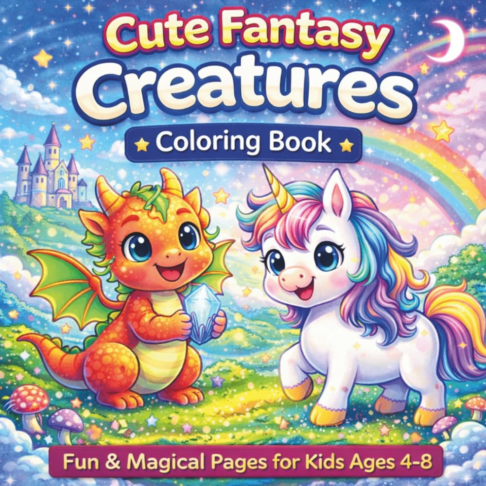 Cute Fantasy Creatures Coloring Book for Kids Ages 4–8: Fun & Magical Dragons, Unicorns, and Fantasy Animals