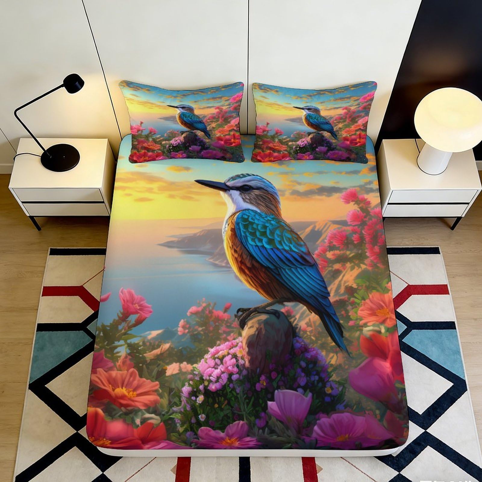 3D Printed Kingfisher Bird Fitted Sheet Microfiber Soft Breathable Floral Landscape Bed Cover for Bedroom Dormitory Guest Room Mattress Protection Decor 180x200x25cm
