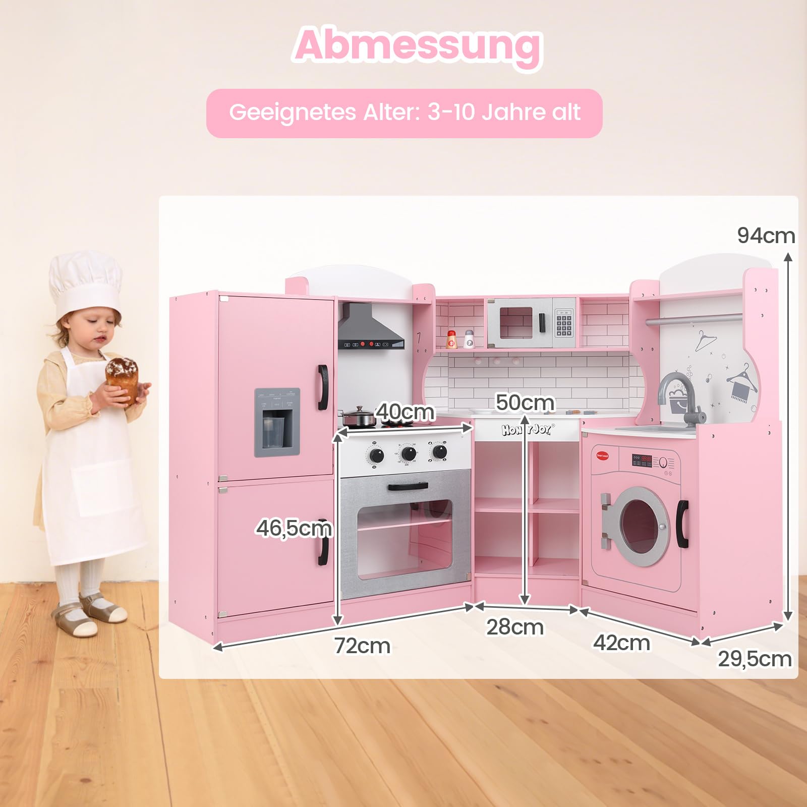 COSTWAY Kinderküche Eck, Spielküche mit Licht & Sound, Kinderspielküche mit Spüle, Eismaschine, Backofen & Kochgeschirr, Holzküche Spielzeugküche für Kinder ab 3 Jahren (Rosa)
