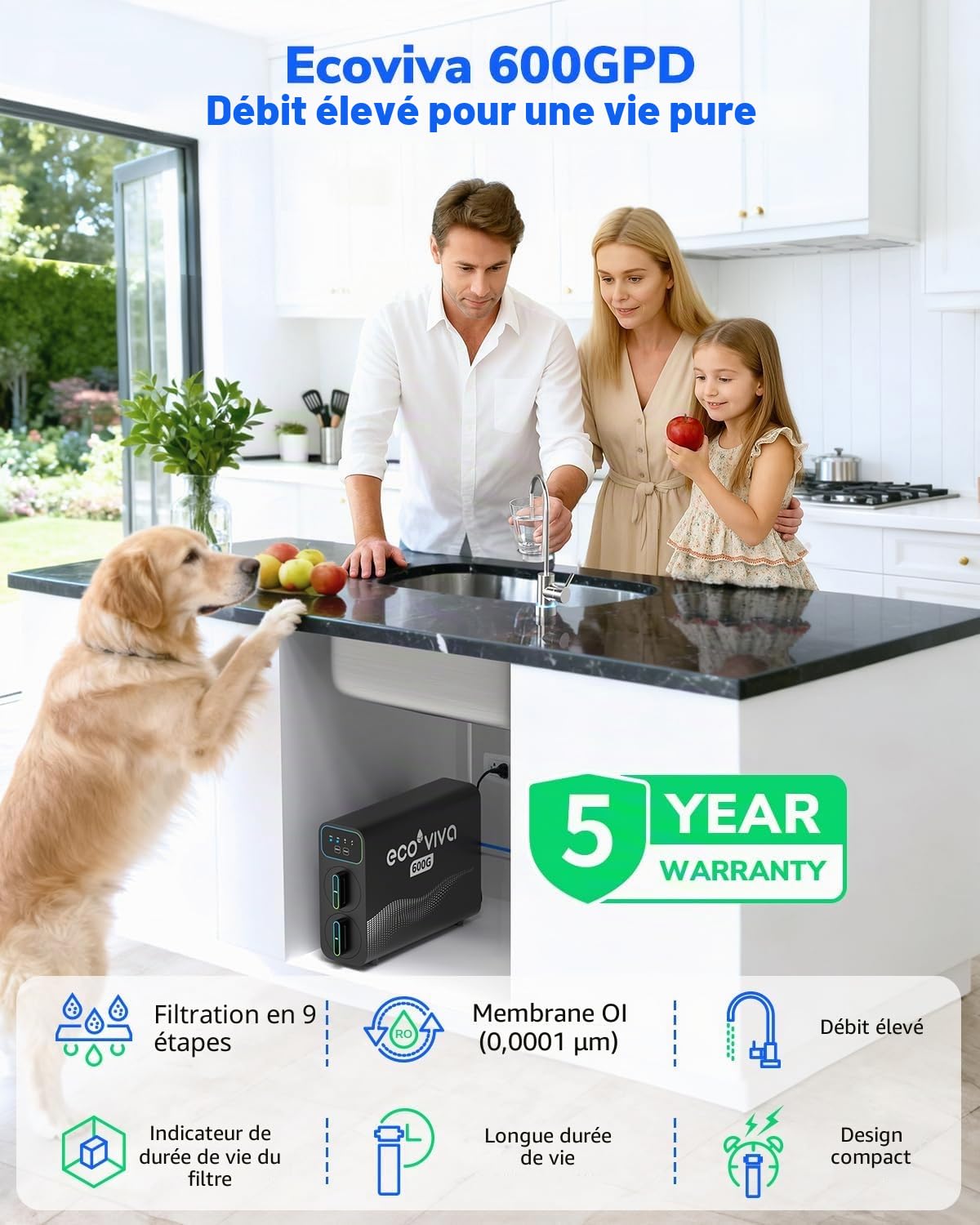 Ecoviva E6 Filtre à eau par osmose inverse compact et fin, filtre sous l'évier de 600 GPD avec robinet, système RO sans réservoir à 9 étapes, réduit le TDS, design compact pour tout espace de cuisine