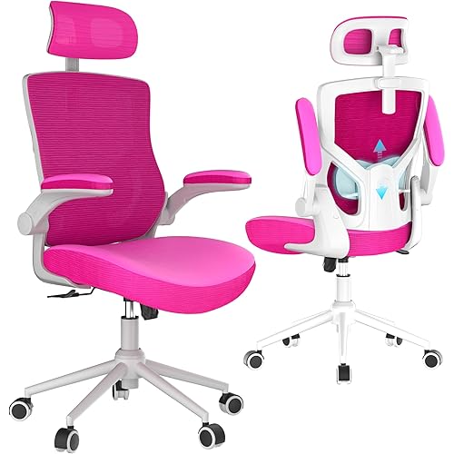 Ergonomic Office Chair with Adjustable Headrest & Lumbar Support - High Back Desk Chair with Flip-Up Arms, 360 Swivel Executive Computer Task Chair (Modern, Neon Pink)