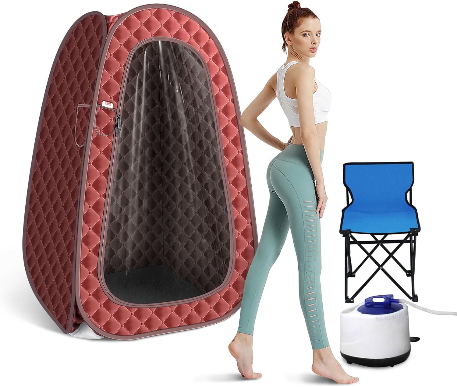 Portable Full Size Steam Sauna Portable Steam Sauna Box Sauna Tent with Steamer, at-Home Sauna 2.6L 1000W Steam Generator, Foldable Chair, Remote Control, Footpad 31.5x31.5x51 inch Red